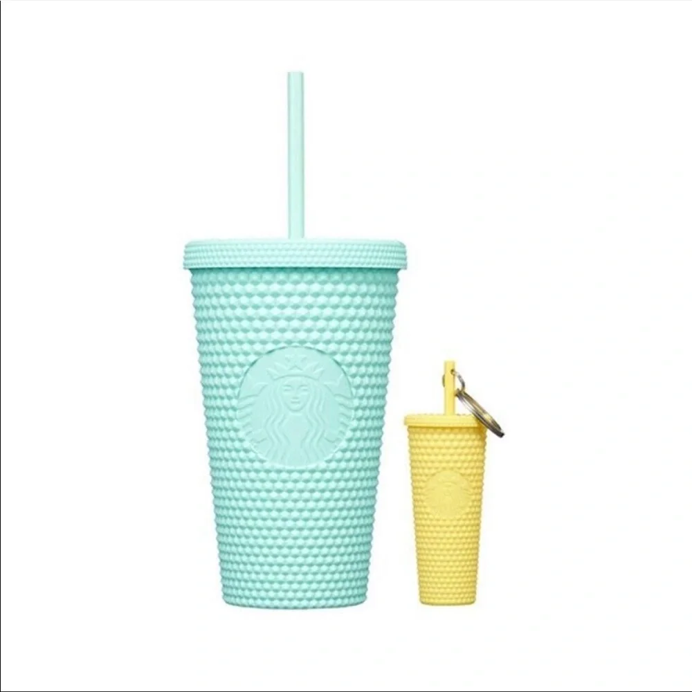NWT Korea Starbucks Mint Grande Studded Tumbler Cup Yellow Keychain Box Overseaa